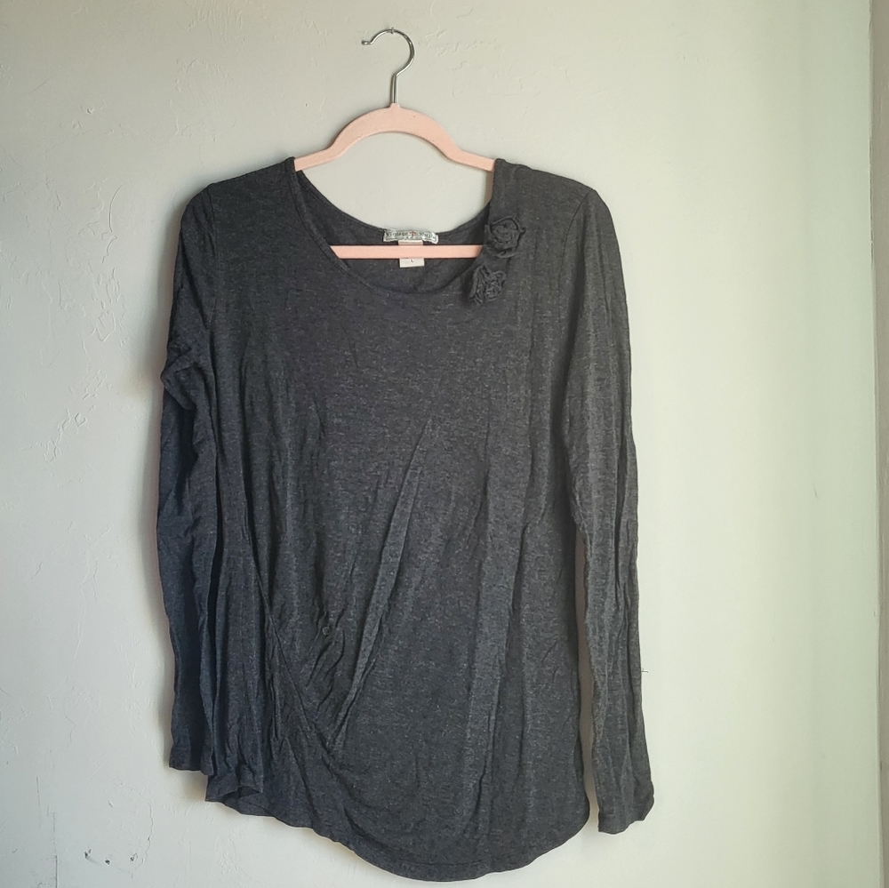 Grey Rosette Embellishment Assymetrical Long Sleeve T-Shirt